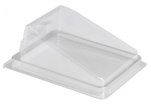 This is an APET tray that is commonly used for sandwiches. It is rectangular shaped and is clear.