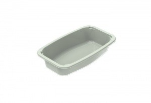 This is a rectangular, single-compartment tray with a smooth, glossy interior designed for meal packaging. The tray has a solid, slightly tapered structure that enables stackability for efficient storage and transportation. Its rim includes a defined lip, compatible with sealing equipment to ensure a secure, leak-proof seal. The outer edge features small notches, which enhance grip for easy handling and opening. The tray is a clean, bright white, giving it a sleek, hygienic appearance suitable for a range of food presentation needs.