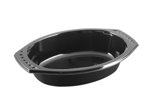 This tray is a CPET tray. It is environmentally friendly and can go in the microwave and the oven up to 400 degrees. <br />
