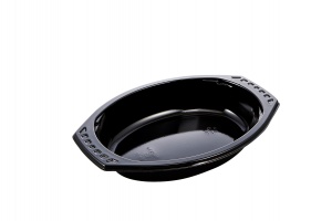 This tray is a CPET tray. It is environmentally friendly and can go in the microwave and the oven up to 400 degrees. <br />
