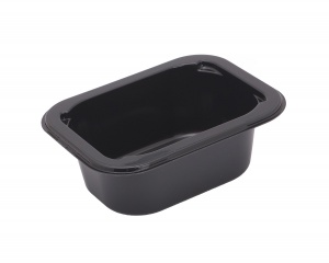 This is a rectangular shaped tray. It is pretty deep. It is a CPET tray that is environmentally friendly, and microwave and oven friendly.