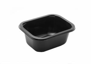 This is a rectangular shaped tray. It is pretty deep. It is a CPET tray that is environmentally friendly, and microwave and oven friendly.