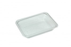 The 2171-1A APET Tray is ideal for food freshly cut, seafood and many other menu items that do not need to be reheated. Hummus, salad and coleslaw are also presented in our 2171-1A APET tray.