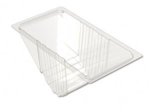 Il s'agit d'un contenant triangulaire et transparent en APET, conçu pour maintenir et afficher les sandwiches tout en conservant leur fraîcheur. Le contenant a une structure effilée avec des parois lisses et transparentes, offrant une visibilité complète du contenu et améliorant ainsi la présentation du produit. Le large rebord plat est conçu pour être compatible avec les machines de scellage, permettant une fermeture sécurisée et étanche avec un film plastique. Fabriqué en plastique APET durable, de qualité alimentaire et recyclable, ce contenant est idéal pour le stockage à froid et l'exposition, soutenant des pratiques d'emballage écologiques.