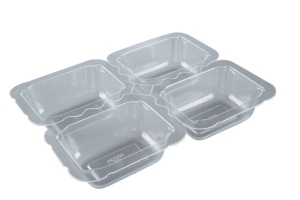 This is a 4 compartment tray which is made out of APET material. It is used for cold foods and snacks.
