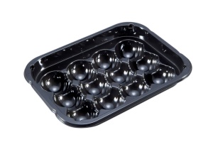 This is a 12 compartment CPET tray. It is rectangular shaped and can go in the oven and microwave up to 400 degrees. 