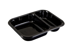 This is a CPET tray with 2 compartment that is environmentally friendly. It also goes into the microwave and oven up to 400 degrees. 