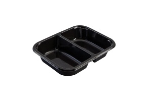 This is a CPET tray with 2 compartments that is environmentally friendly. It also goes into the microwave and oven up to 400 degrees. 