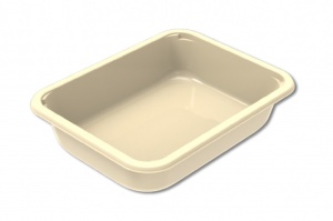 Il s'agit d'un plateau rectangulaire à compartiment unique avec des parois lisses et une base plate, conçu pour l'emballage de repas. Le plateau a une structure solide et légèrement effilée, facilitant l'empilage pour un stockage et un transport efficaces. Le rebord est doté d'une lèvre définie compatible avec les équipements de scellage, assurant une fermeture sécurisée et étanche. De petites encoches sur le rebord extérieur offrent une meilleure prise pour la manipulation et l'ouverture. Le plateau a une couleur crème douce, ce qui lui confère une apparence propre et sophistiquée, adaptée à diverses présentations alimentaires.