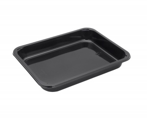 This is a CPET tray with 1 compartment that is environmentally friendly. It also goes into the microwave and oven up to 400 degrees. 