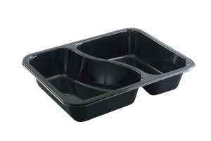 This is a CPET tray with 2 compartments that is environmentally friendly. It also goes into the microwave and oven up to 400 degrees. 