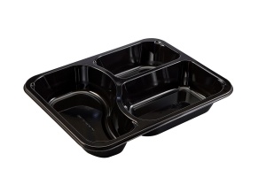 This is a CPET tray with 3 compartments that is environmentally friendly. It also goes into the microwave and oven up to 400 degrees. 