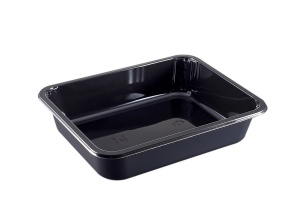 This is a rectangular shaped CPET tray. It can be put in the microwave and the oven. It has 1 compartment.