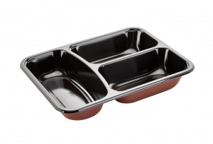 This is a rectangular shaped CPET tray. It can be put in the microwave and the oven. It has 3 compartment.