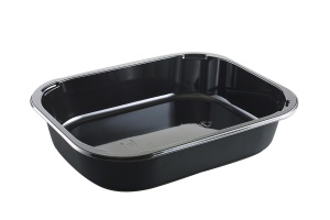 This is a rectangular shaped CPET tray. It is environmentally friendly and can be put in the microwave and oven.