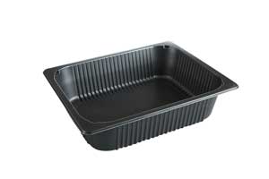 This is a PP tray that holds a large amount of food. It is Black.