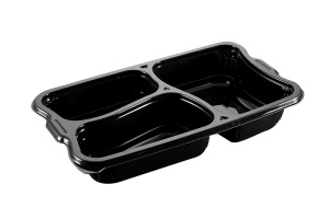 This is a polygonal CPET tray. It holds 1095ml of food and is made for the microwave and oven. 3 compartment tray.