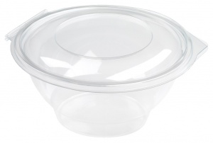 This is an APET bowl with a lid. It has a volume of 1000ml and is not microwavable.