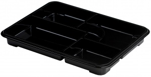 This is a black food platter. It has 4 compartments and is pretty deep. It is made of APET material. Made for cold foods and snacks.