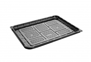 This is a food platter tray made of APET material. It is used for cold foods and snacks.